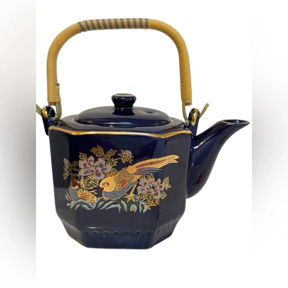 Vintage Cobalt Blue Japanese Pheasant Bird Teapot Teacups Tea Set 8 pcs.